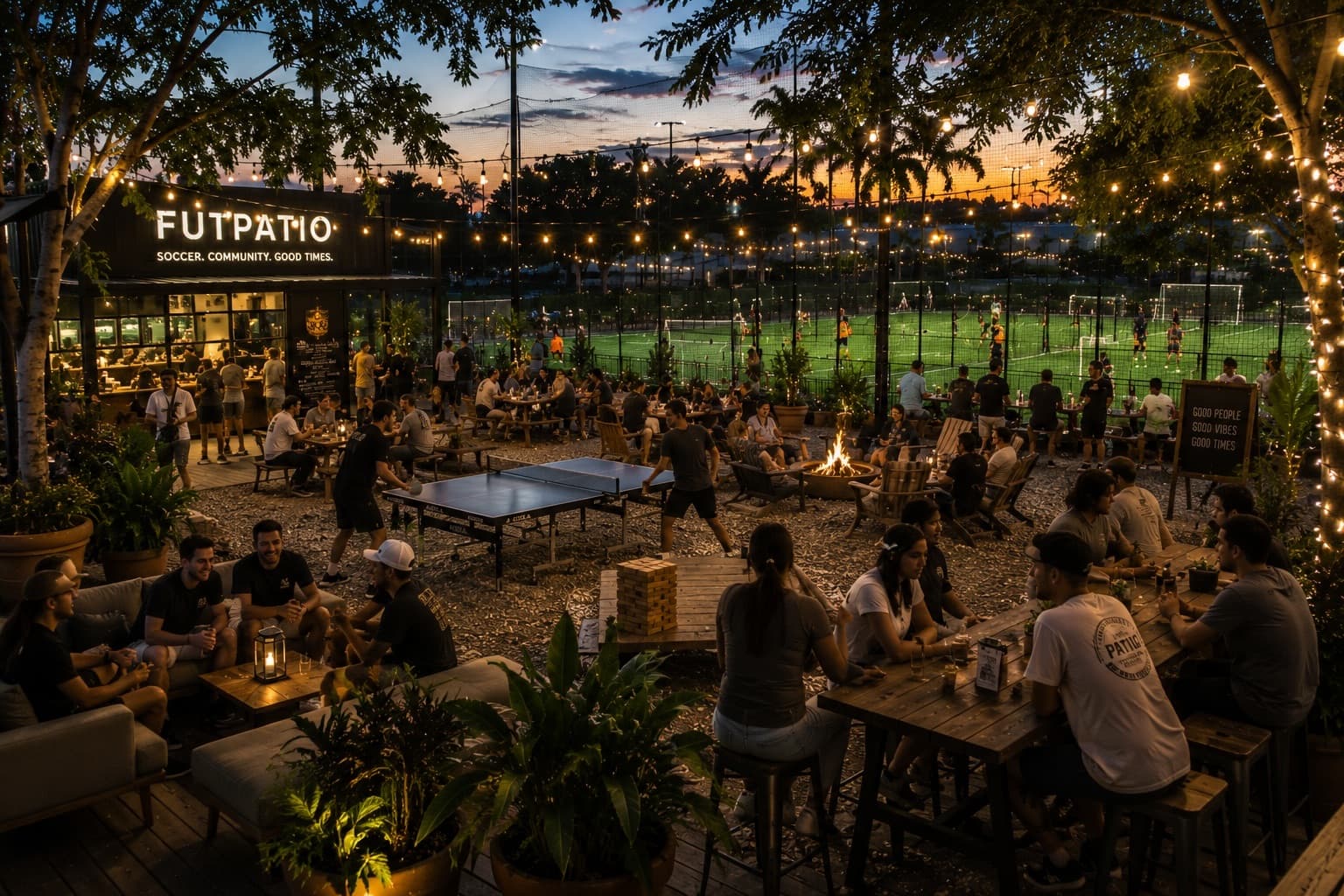 Friends gathered at picnic tables and fire pits under string lights at FutPatio.