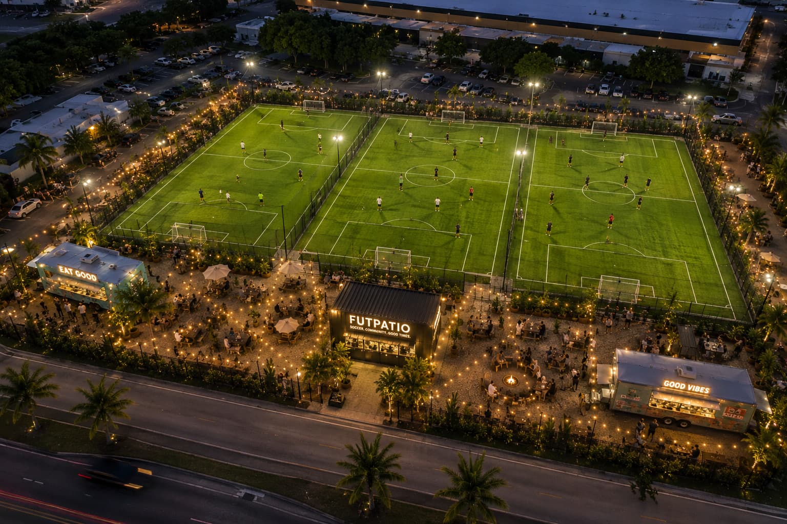 Aerial view of FutPatio's lit 6v6 fields with players at dusk.