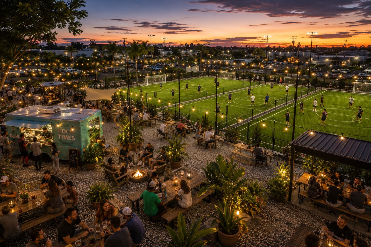 Picnic tables, fire pit, and string lights at FutPatio under a sunset sky.