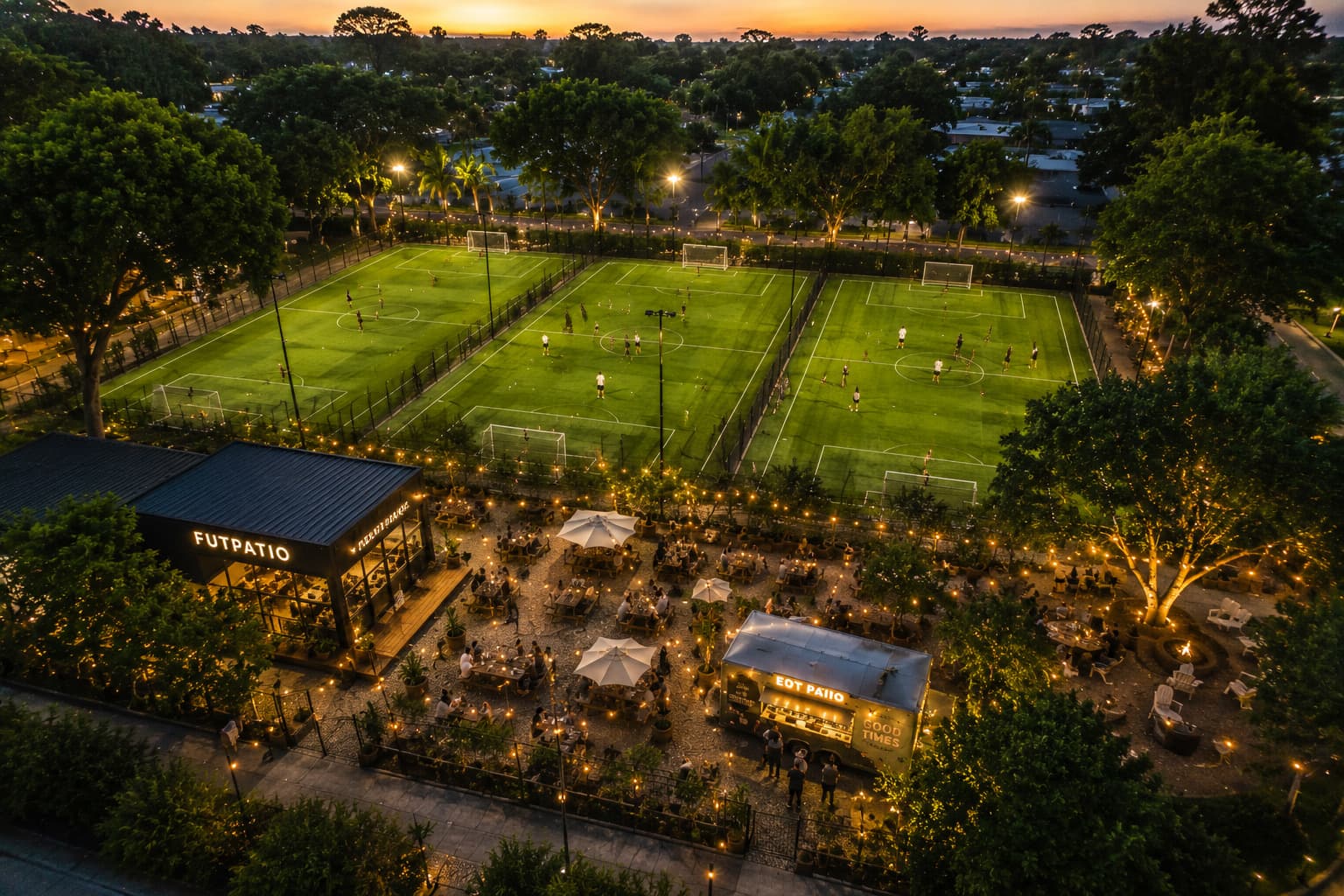 FutPatio fields glowing under the lights at dusk.